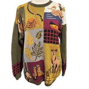 Vintage 90s Streetwear Fall Sweater Campfire Deer Leaves Tent Duck Womens Size L